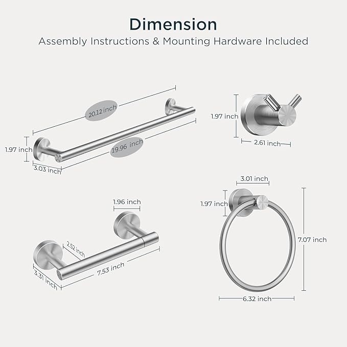 FORIOUS Bathroom Hardware Accessories Set, SUS304 Stainless Steel Towel Bar Set, Modern Towel Racks Holder for Bathroom, Toilet Paper Holder Wall Mounted 4 Pieces(18" Bar, Brushed Nickel)
