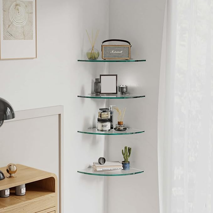 Set of 4 Bathroom Corner Glass Shelf Tempered Glass Shelves for Shower Wall Corner Caddy Basket Triangle Wall Shower Shelf Shampoo Bottle Holder No Drilling Adhesive Wall Mount Bathroom Shelf
