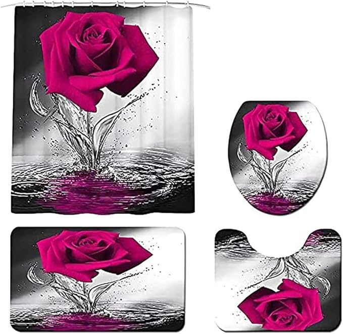 Rose Bathroom Sets with Shower Curtain and Rugs Water Rose Shower Curtain Set with Non-Slip Rugs,Bath Mat,Toilet Lid Cover and 12 Strong Hooks,Modern Style Shower Curtain for Bathroom