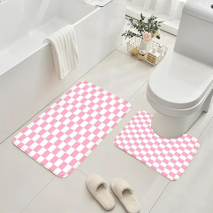 4 PCS Checkered Shower Curtain Sets Fun Gingham Bathroom Sets Soft Non Slip Bath Rugs Toilet Cover U-Shaped Mat Retro Bright Waterproof Shower Curtains with 12 Hooks for Tub Toilet, Pink