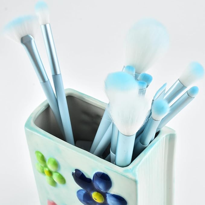 Ceramic Book Shaped Flower Pattern Cosmetic Storage Box, Desktop Organizers Make Up Brush Storage Stand Desktop Storage Box for Brush, Painting Brush (Blue)