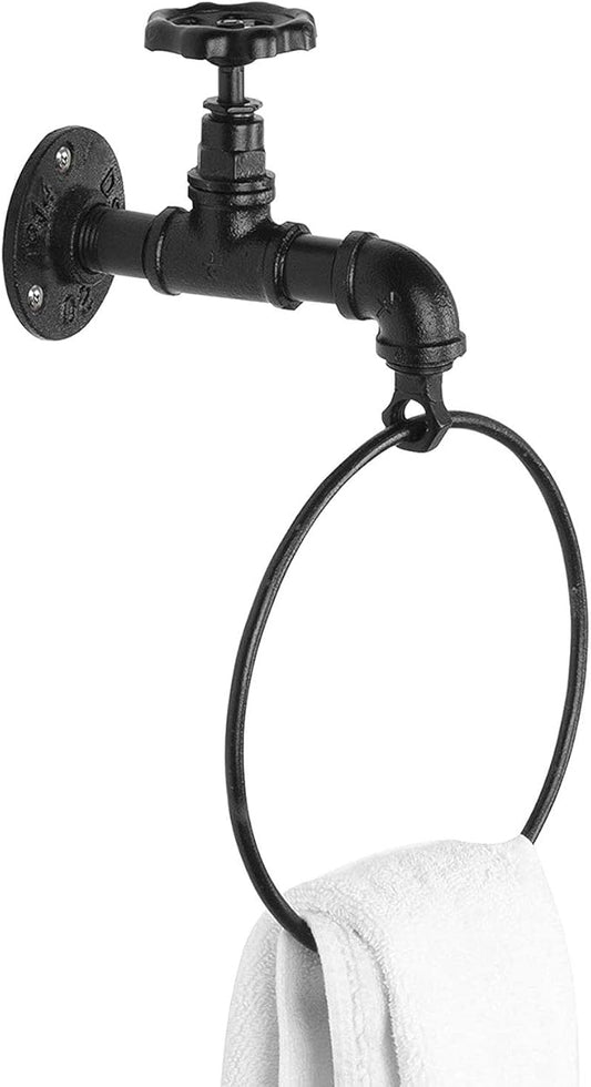 MyGift Hand Towel Holder Ring, Bath Towel Hanging Rack Wall Mounted, Industrial Bathroom Accessories, Farmhouse Decor, Faucet Pipe Metal Black