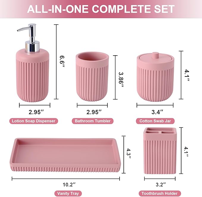 XLHOMO Resin Pink Bathroom Accessories Set 5 Pcs, Lotion Soap Dispenser, Toothbrush Holder, Bathroom Tumbler, Qtip Holder and Vanity Tray, Bathroom Countertop Organizer Set for Modern Home Apartment