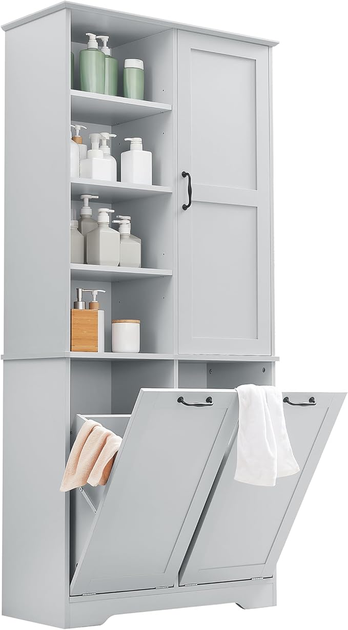 Virubi Tall Laundry Cabinet with 2 Tilt Out Laundry Hampers, Wood Bathroom Storage Cabinet with Doors and Adjustable Shelves, for Bathroom Sotrage Organization, Freestanding, Grey