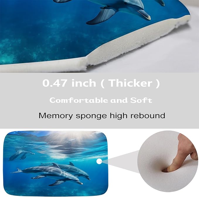 Sea Animals Undersea Dolphins Bathroom Rugs and Mats Sets 3 Piece, Memory Foam 20 x 31.5 inch Bath Mat, U-Shaped Contour Shower Mat Non Slip Absorbent Washable