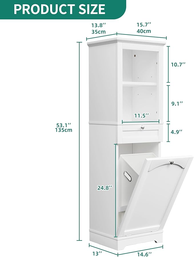 YITAHOME 53" Tall Tilt-Out Laundry Storage Cabinet, Hidden Hamper with Adjustable Shelves, Removable Basket & Sturdy Wooden Design for Bathroom or Laundry Room Organization, White