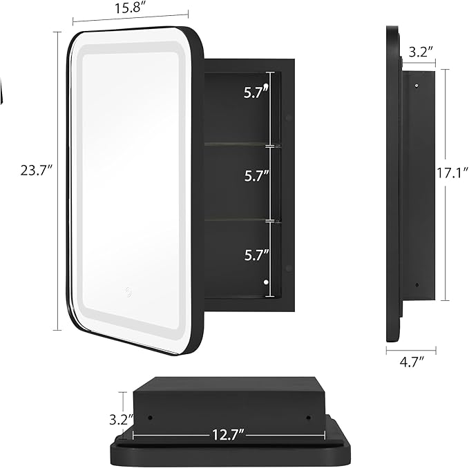 SogesHome Wall Mounted Mirror Medicine Cabinet 24"X16" with LED Lights, Rectangular Vanity Mirror Storage with Shelves, Modern Recessed Mirror Medicine Cabinet for Bathroom, Bedroom, Black