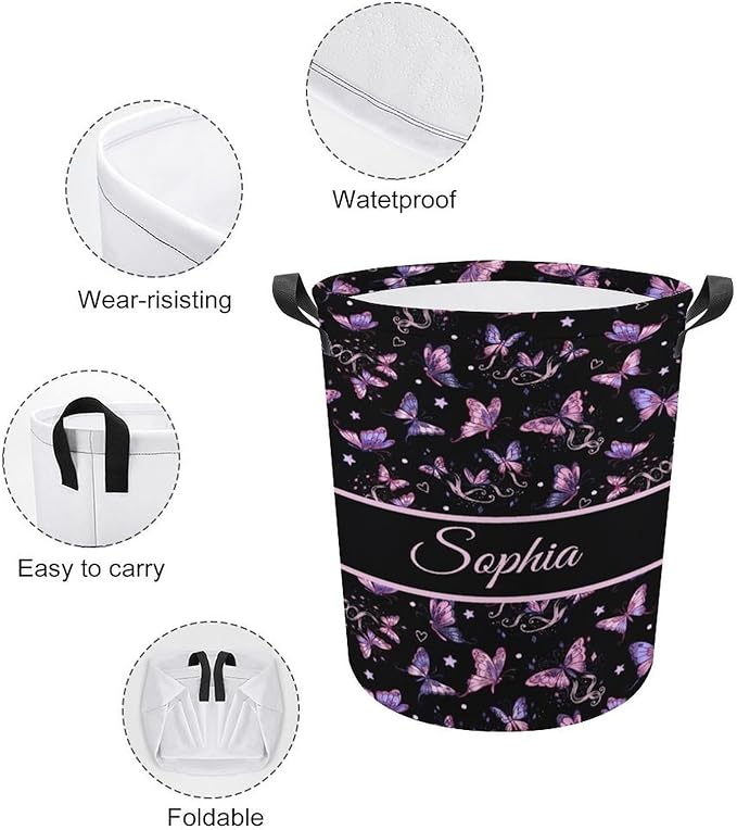 ZOE DAVISON Custom Butterfly Laundry Baskets,Personalized Butterfly Gifts for Kids,Girls,Cute Laundry Hamper for Kids Baby Adults,Collapsible Clothes Storage Organizer,One Size
