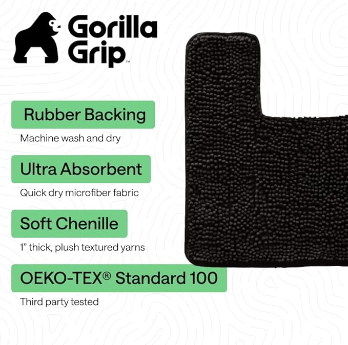 GORILLA GRIP Plush Absorbent Shaggy Chenille Bath Rug Mat for Square Toilet Base with Rubber Backing, Machine Washable Rugs, Soft Microfiber Contour Mats for Toilets, Bathroom Decor, Black