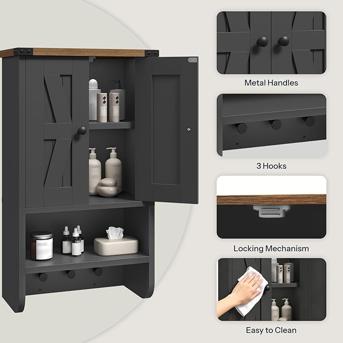 MAHANCRIS Bathroom Wall Cabinet, Farmhouse Medicine Cabinet with Adjustable Shelf, 3-Tier Wall-Mounted Storage Cabinet with 3 Hooks and Open Shelf, for Bathroom, Living Room, Kitchen, Black and Walnut