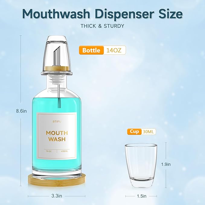 Glass Mouthwash Dispenser for Bathroom Countertop – 14oz/410ml Refillable Mouthwash Bottle with Stainless Steel Pour Spout & Bamboo Tray, Modern Decor for Home, Office, Airbnb (Clear)