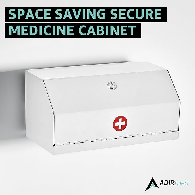 AdirMed Locking Medicine Box, First Aid Steel Lock Box for Medication, Small Wall Mounted Medicine Lock Box with Key, 6"D x 12.25"W x 5.9"H