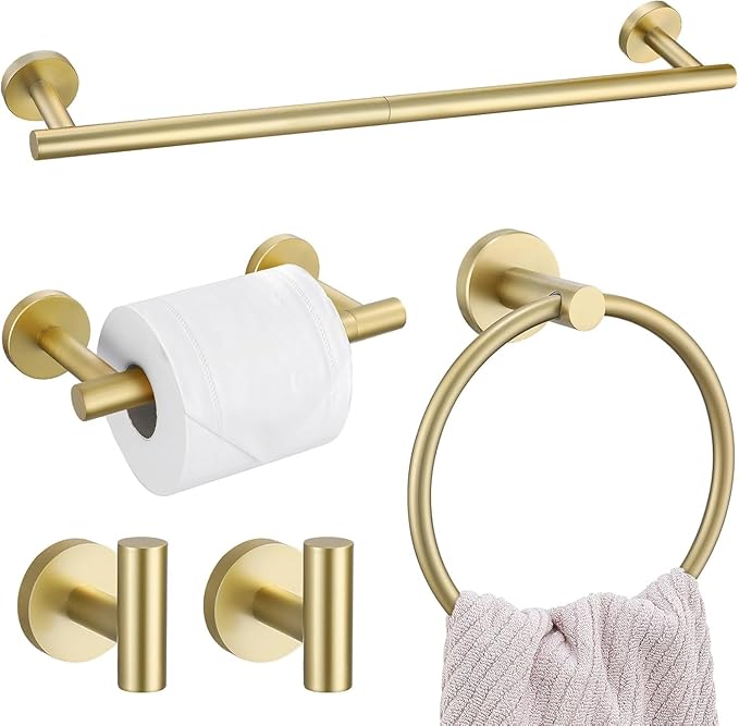 TURS Brushed Gold 5 Piece Bathroom Hardware Set, SUS304 Stainless Steel Bath Towel Bar Set, 23.6 Inch Round Bathroom Accessories Kit Wall Mounted