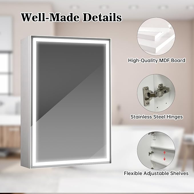 28 x20Inch LED Medicine Cabinet Mirror with Lights for Bathroom,Defogger,Stepless Dimmable, 3000K/5500K Color Temperature Wall Mounted Makeup Mirror,Adjustable Shelf (Assembly Required)