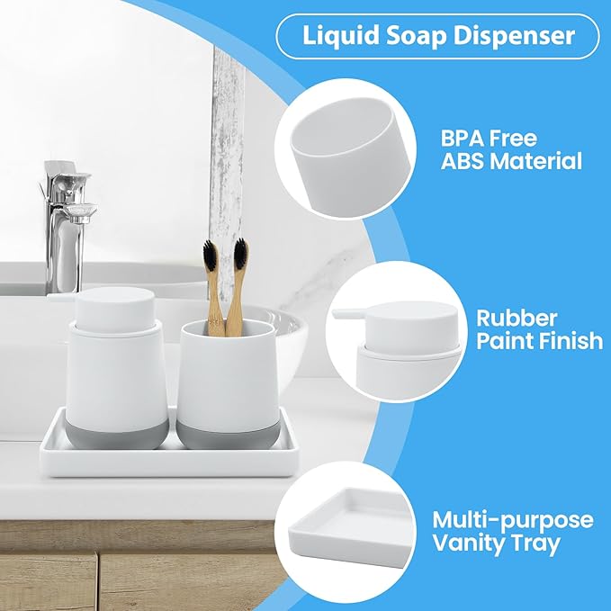 GAHEFY White Bathroom Countertop Accessories Set - Soap Dispenser and Toothbrush Holder with Silicone Boot,Vanity Tray (White Liquid)