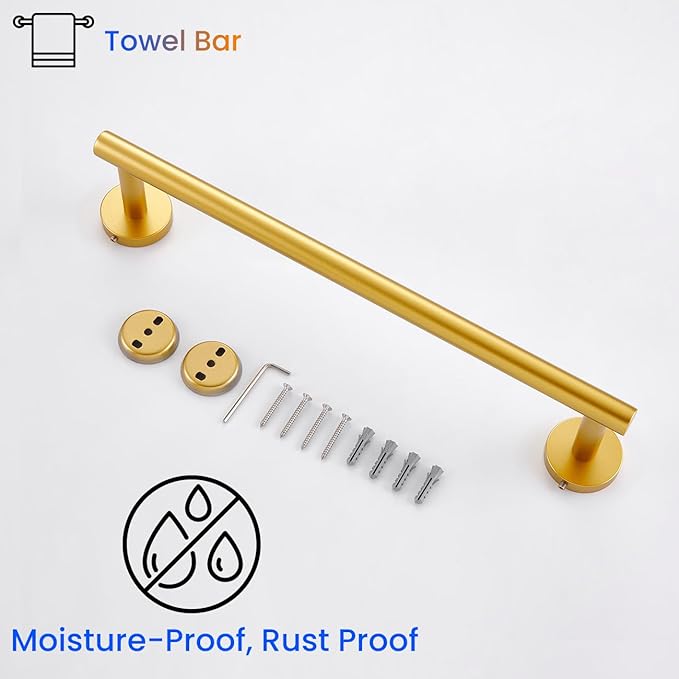 Miyili Bath Towel Bar 16-Inch SUS 304 Stainless Steel Towel Rack Hanger for Bathroom Kitchen Wall Mount Gold