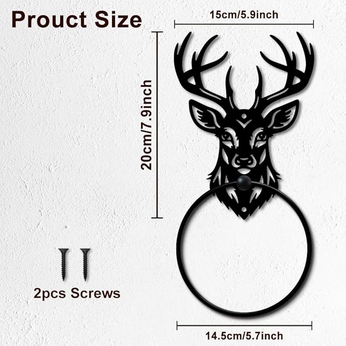 MAYJOYDIY Deer Animal Metal Towel Ring Deer Head Towel Holder Elk Antler Wall Decor Towel Hanger Black Art Custom Towel Rack Wall Mounted for Bathroom Kitchen Home Decors Gift