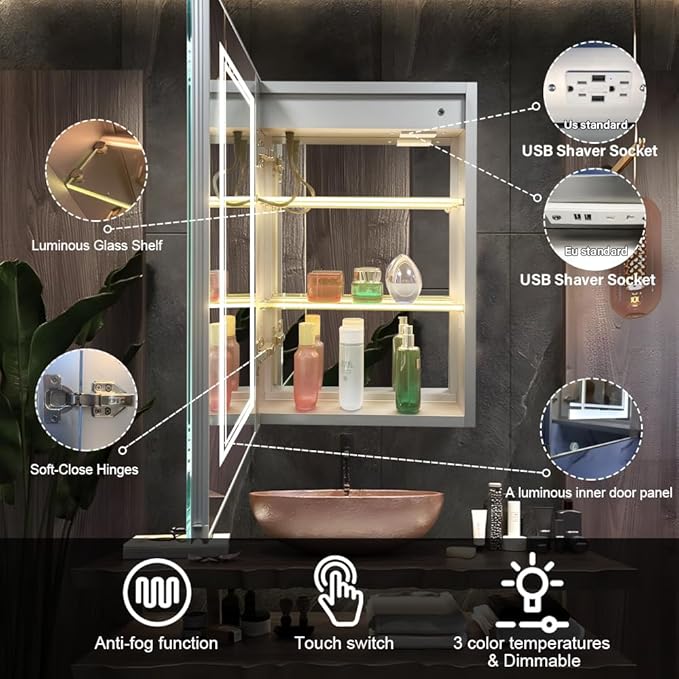 High-End Led Medicine Cabinet,Lighted Medicine Cabinet,3 Colors&Dimmable,Demister,Lighted Glass Shelf,USB Shaver Socket.Surface Mount or Recess Mount,20×28inch