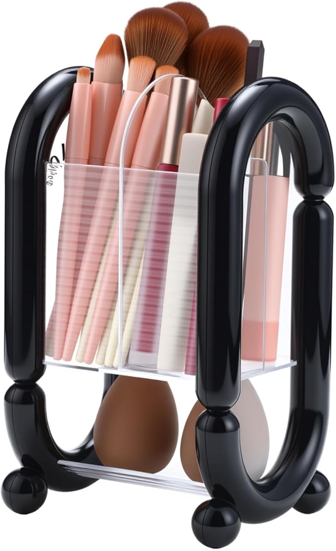 LemonRoad Makeup Brush Holder, Multi-Compartment Cosmetic Organizer Plastic Countertop Storage for Makeup Brushes, Powder Puffs, Eyeliners, Lip Glosses for Bathroom Vanity Bedroom Dresser(Black)
