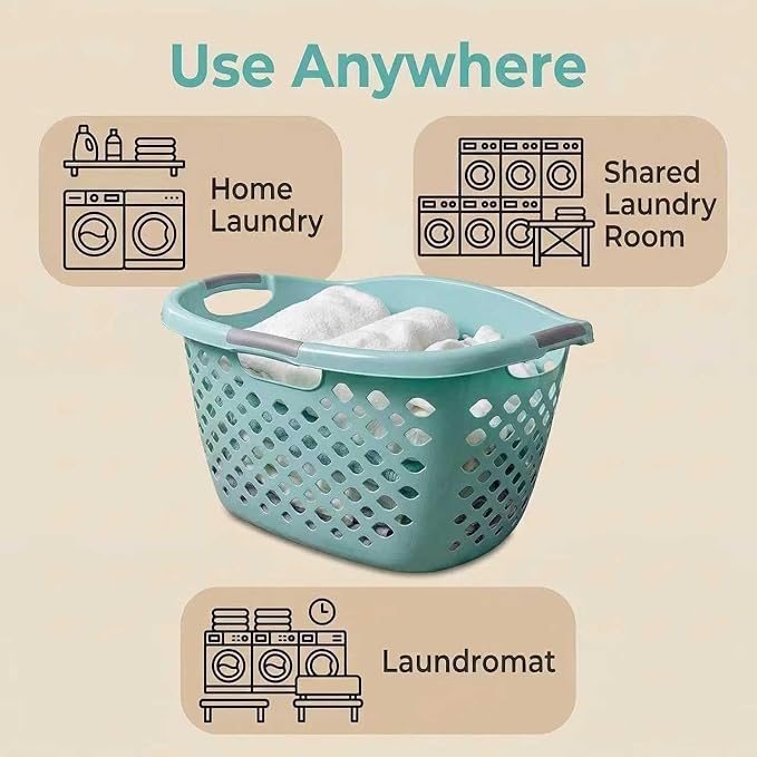 (2 Pack) 1.8 Bushel Hip Hugger Laundry Basket, Teal Flexible Plastic Hamper - Easy 1-Hand Carry(Home/Laundry Room)
