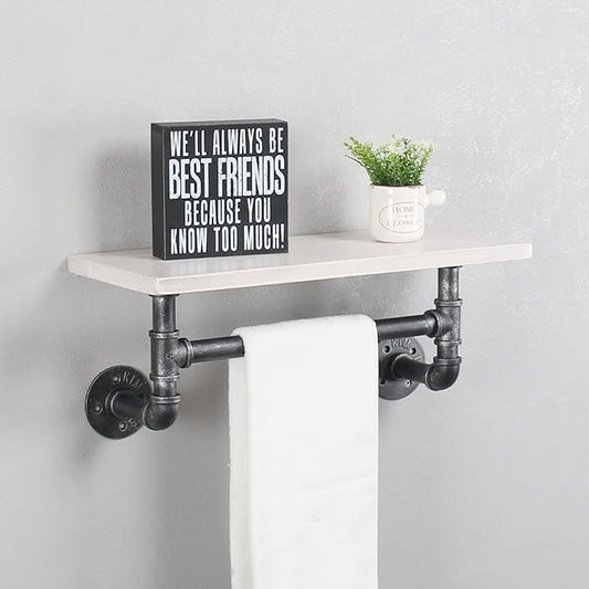 Industrial Pipe Shelf Bathroom Shelves Wall Mounted,19.6in Rustic Wood Shelf with Towel Bar,1 Tier Farmhouse Towel Rack Over Toilet,Pipe Shelving Floating Shelves Towel Holder,Retro White