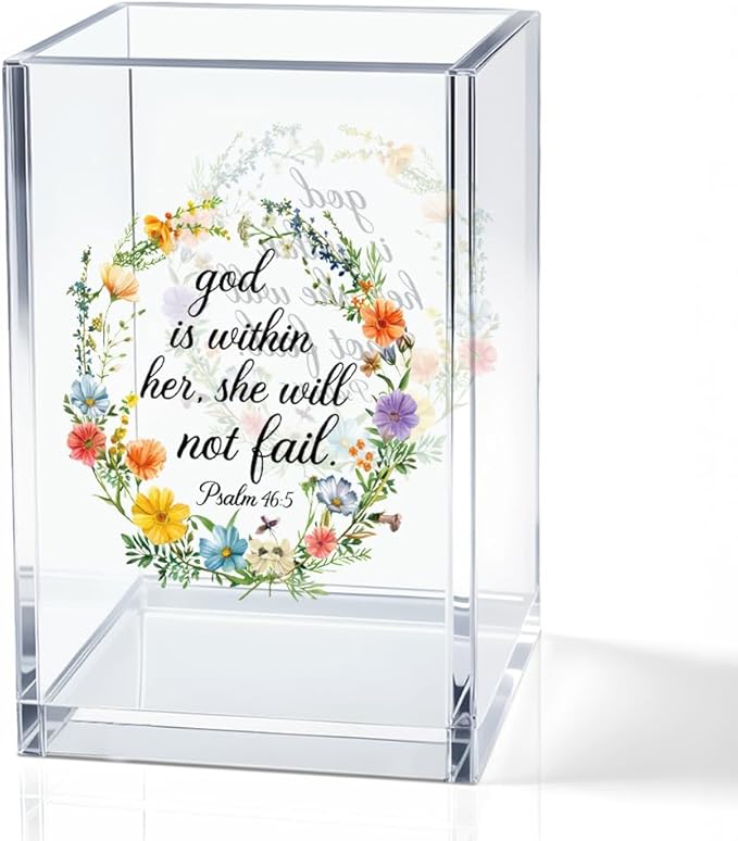 God Is Within Her, She Will Not Fail Acrylic Pencil Holder Cup, Floral Bible Verse Inspirational Pen Holder for Desk, Psalm 46:5 Christian Gifts for Women Girl, Jesus Faith Inspirational Gifts