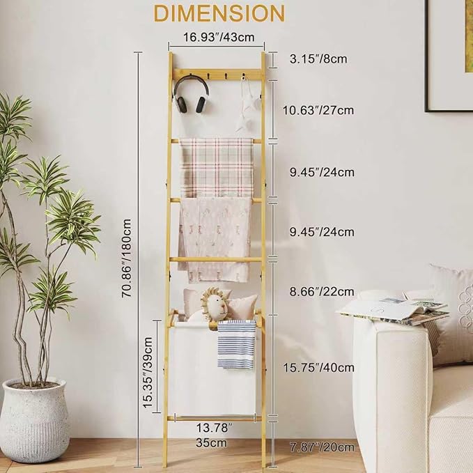BAMBANG Bamboo Blanket Ladder with Basket, 5-Tier Quilt Rack Stand with 4 Hooks & Storage Hamper for Living Room Bathroom, Wall Leaning Decorative Ladder Shelf for Blankets Display (Natural)