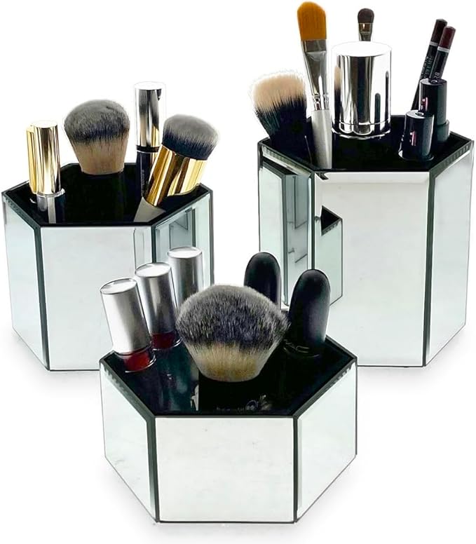 OnDisplay Tressa Set of 3 Hexagon Mirrored Trays for Makeup/Cosmetics, Brushes, Office, Jewelry and Accessories (Silver)