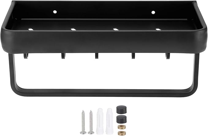 30cm Bathroom Shelf, Wall Mounted Storage Rack, Aluminum Material, with Heightened Fence Design, Ideal for Home Bathrooms (Single Layer with Rod with 5 Hooks)