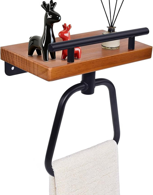 Stainless Steel Towel Ring Towel Rack Towel Holder with Wooden Shelf Rustic Towel Ring Wall Mount Heavy Duty Bath Towel Racks for Bathroom (Light Brown, 6.7'' x 6.5'')