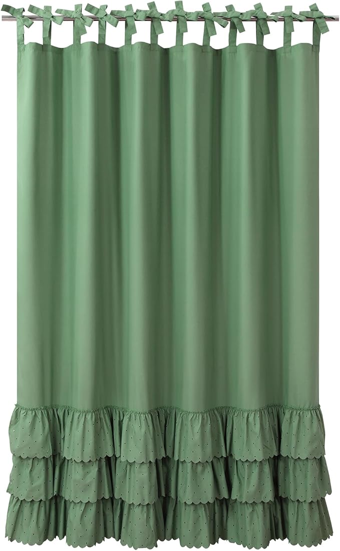 Adjustable Bow-Tie Top Green Ruffle Shower Curtain for Girls Women, Delicate Fabric Shower Curtain with Handcrafted Ruffles and Small Holes, Waterproof Ruched Farmhouse Bathroom Curtain, 72"W x 72"H