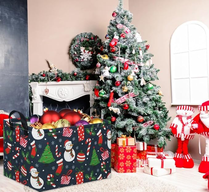 Rectangular Christmas Basket Tree Christmas Gift Baskets for Families Cute Baby Storage Bin Kids Storage Bin Toy Organizer Box Christmas Room Decor for Christmas Parties(Blue Christmas)