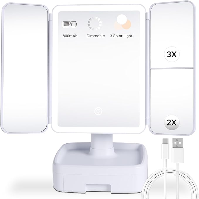 Makeup Mirror with LED Light, 1X/2X/3X Magnification, Rechargeable Vanity with Storage Box, Touch Control 3-Color Lighting, Portable Trifold Mirror, Gift for Her(White)