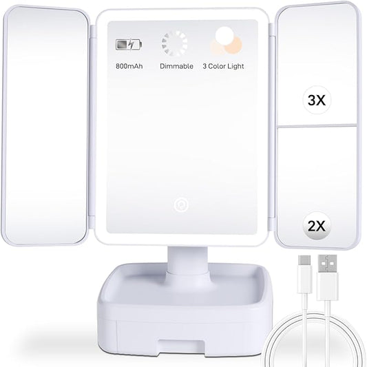Makeup Mirror with LED Light, 1X/2X/3X Magnification, Rechargeable Vanity with Storage Box, Touch Control 3-Color Lighting, Portable Trifold Mirror, Gift for Her(White)