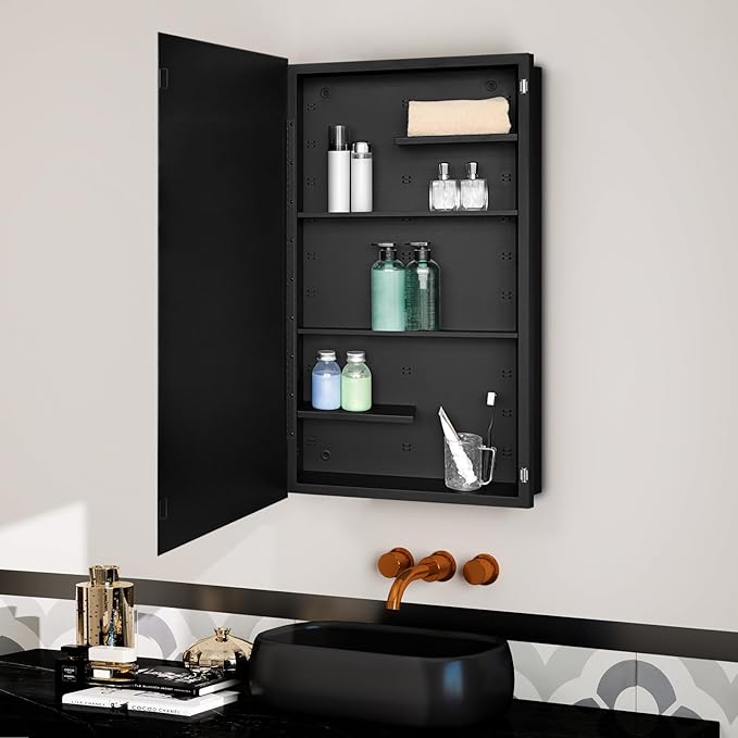 Fundin Black Medicine Cabinet Recessed or Surface Mount, Bathroom Medicine Cabinet with 20 x 36 Mirror Size and Adjustable Staggered Shelves