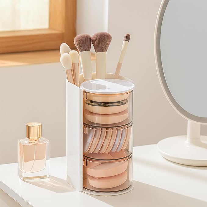Rotating Makeup Organizer with Brush Holder, DIY 3-Layers Drawer Skincare & Cosmetic Organizers for Vanity Bathroom Countertop, Easy to Store Puff, Lipsticks, Nail Polishes, Perfumes
