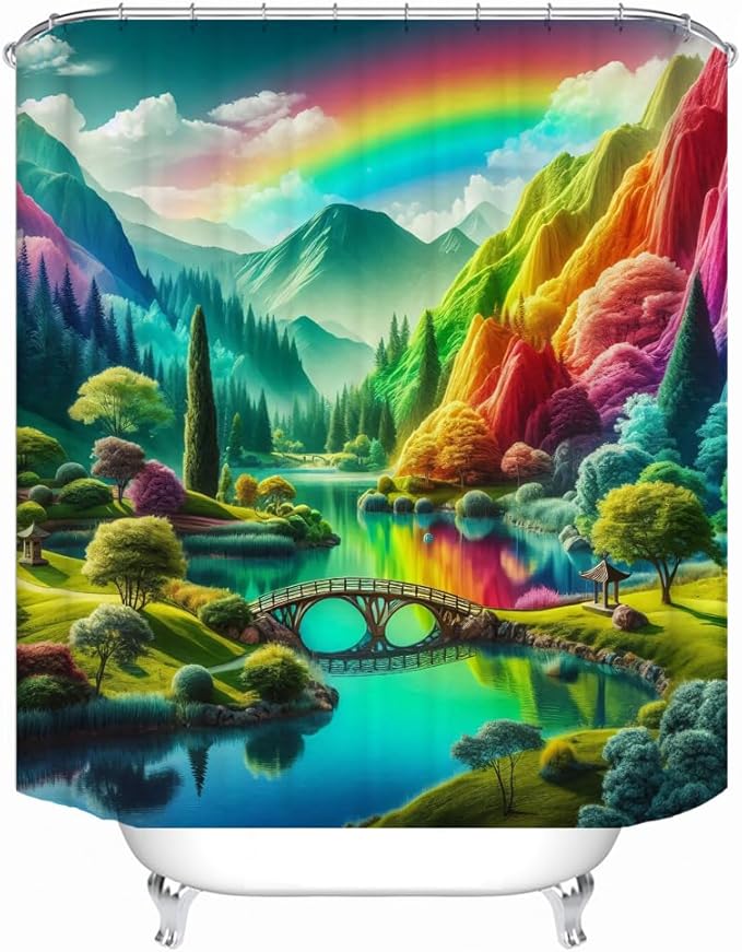 Shower Curtains, Colorful Mountain Theme Design Art Shower Curtains, Bathroom Decoration Set, 12 Shower Curtain Hooks (72 "Wx72 L) Inch Waterproof Shower Curtain.
