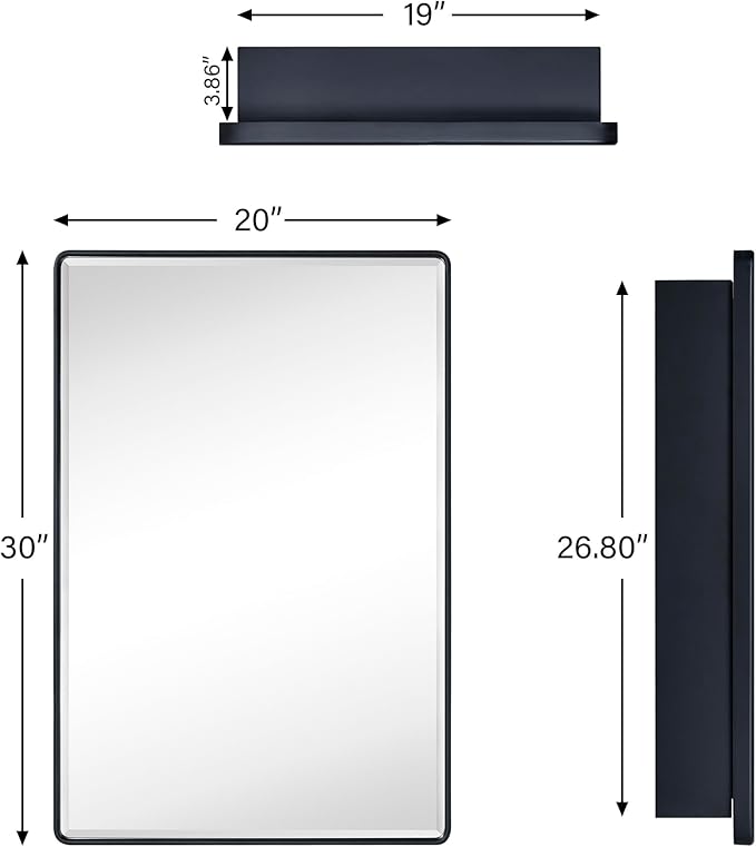 TEHOME Surface Mount 20x30'' Black Bathroom Medicine Cabinet with Mirror Matt Black Metal Framed Rounded Rectangle Medicine Cabinet with Beveled Mirror 4 Adjustable Glass Shelves