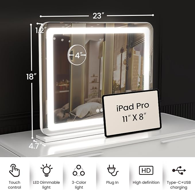 Vanity Mirror with Lights, 23"x 18" Large LED Lighted Mirror with Detachable 10X Magnification & 3 Colors Modes, and USB Charging Port for Vanity Desk Tabletop (White, 23 * 18)