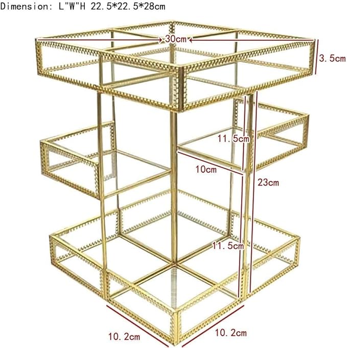 Hersoo 360 Degree Rotation Makeup Organizer Antique Countertop Cosmetic Storage Box Mirror Glass Beauty Display, Gold Spin Large Capacity Holder for Brushes Lipsticks Skincare Toner