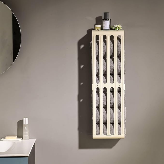 simpletome Towel Storage Rack Adjustable Height Wall Mount Bathroom Shelf Organizer Carbon Steel (Matte Cream)