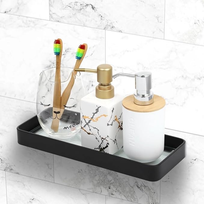 Wall-Mounted Glass Storage Shelf for Bathroom & Kitchen, Floating Tempered Glass Organizer with Aluminum Frame
