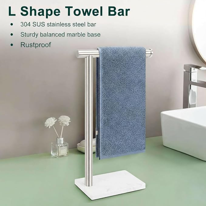Hand Towel Holder, Hand Towel Stand for Bathroom with Marble Base, 304 Stainless Steel L Shape Hand Towel Rack Bar Standing for Vanity Kitchen Countertop, Brushed Nickel
