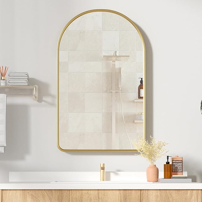 Arched Medicine Cabinet with Mirror,Recessed Medicine Cabinet,Gold Bathroom Arch Mirror Cabinet,Metal Framed Arch Medicine Cabinet Surface Mount,20x31Inch