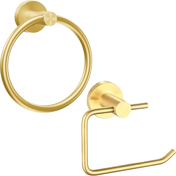 Towel Ring and Toilet Paper Holder Set, Stainless Steel Bath Towel Hanger and Tissue Roll Holders, Bathroom Hardware Accessories Wall Mounted 2 Pieces (Gold)