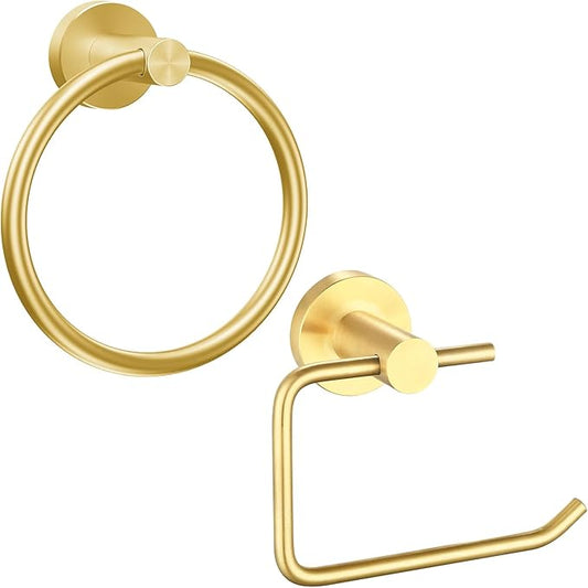 Towel Ring and Toilet Paper Holder Set, Stainless Steel Bath Towel Hanger and Tissue Roll Holders, Bathroom Hardware Accessories Wall Mounted 2 Pieces (Gold)