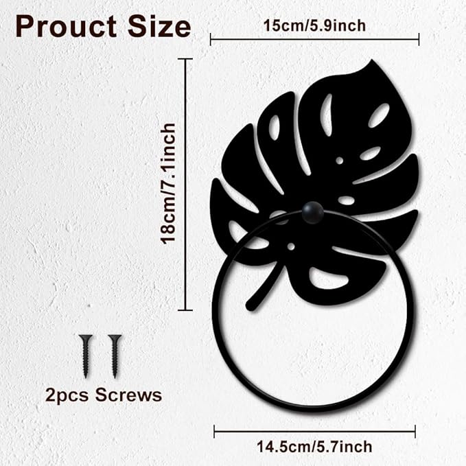 MAYJOYDIY Monstera Leaf Metal Towel Ring Leave Shape Towel Holder Plants Theme Rustic Wall Decor Towel Hanger Black Art Towel Rack Wall Mounted for Bathroom Kitchen Home Decors Gift