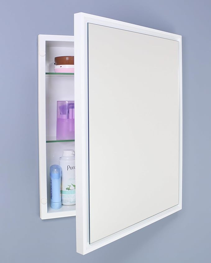 Fox Hollow Furnishings 16x20 Parker Metro Metal Framed Rectangle Recessed Bathroom Medicine Cabinet, Floating Mirror, 14x18 in-Wall Opening, Steel, Adjustable Glass Shelves, Magnet Close, White