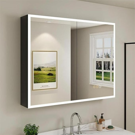 Buruis 40 x 32 Inch Medicine Cabinet with LED Lights and Mirror, Recessed/Wall Mounted Bathroom Cabinet, 3-Color Light, Defogger, Memory Function, Outlet & USB, Dimmer, Black