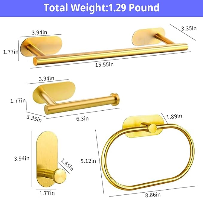 Bathroom Hardware Set, 16" Bathroom Towel Holder with Toilet Paper Holder, Towel Ring, Towel Hook, Bathroom Accessories for Kitchens, Laundry Rooms (5, Gold)